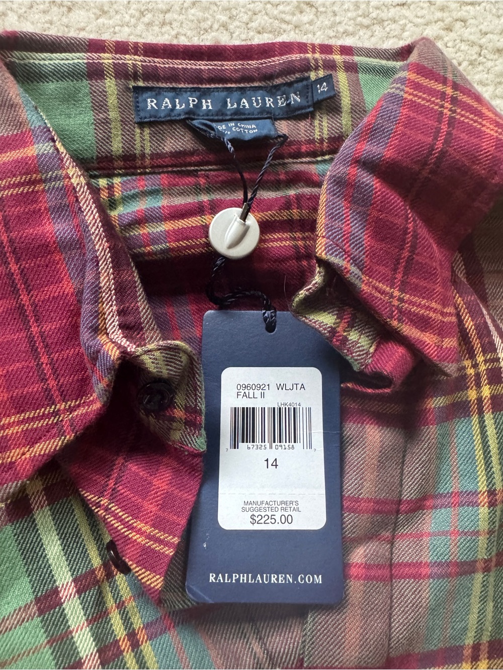 New RALPH LAUREN Size 14 Red & Green Plaid Cotton Blouse Puff Sleeves - Picture 3 of 8
